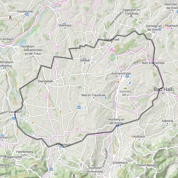 Miniatura della mappa di ispirazione al ciclismo "La Strada delle Ville Austriache" nella regione di Oberösterreich, Austria. Generata da Tarmacs.app, pianificatore di rotte ciclistiche