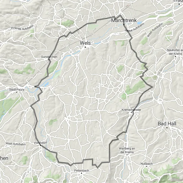 Miniatura della mappa di ispirazione al ciclismo "Il Giro delle Colline Verdi" nella regione di Oberösterreich, Austria. Generata da Tarmacs.app, pianificatore di rotte ciclistiche