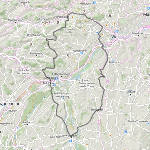 Map miniature of "Vorchdorf-Steinerkirchen/Eberstalzell Loop" cycling inspiration in Oberösterreich, Austria. Generated by Tarmacs.app cycling route planner