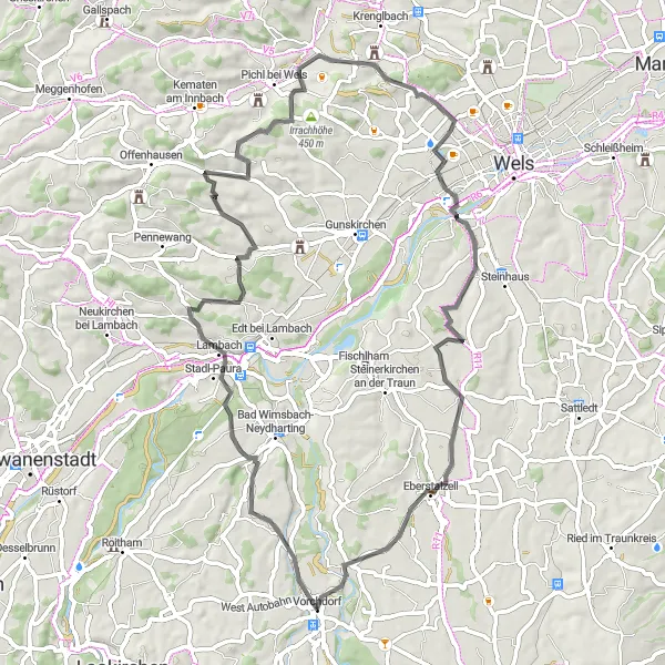 Miniature de la carte de l'inspiration cycliste "Tour des collines du Vorchdorf" dans la Oberösterreich, Austria. Générée par le planificateur d'itinéraire cycliste Tarmacs.app