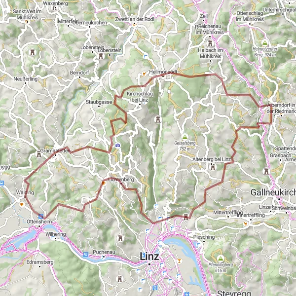 Miniatura della mappa di ispirazione al ciclismo "Giro Gravel tra le Colline Mühlviertel" nella regione di Oberösterreich, Austria. Generata da Tarmacs.app, pianificatore di rotte ciclistiche