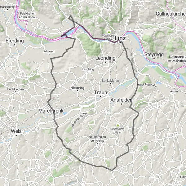 Map miniature of "Winding Roads to Walding" cycling inspiration in Oberösterreich, Austria. Generated by Tarmacs.app cycling route planner