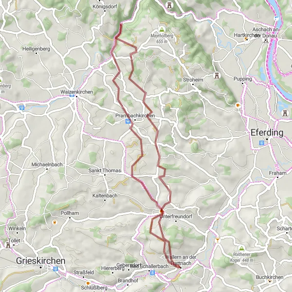 Miniatua del mapa de inspiración ciclista "Ruta de ciclismo en grava con 804m de ascenso y 42km de distancia" en Oberösterreich, Austria. Generado por Tarmacs.app planificador de rutas ciclistas