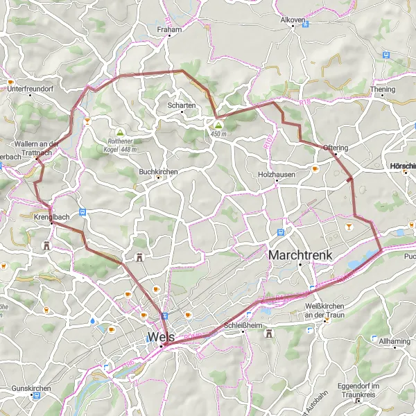 Miniaturní mapa "Hravá cyklistická trasa okolo Wallern an der Trattnach" inspirace pro cyklisty v oblasti Oberösterreich, Austria. Vytvořeno pomocí plánovače tras Tarmacs.app