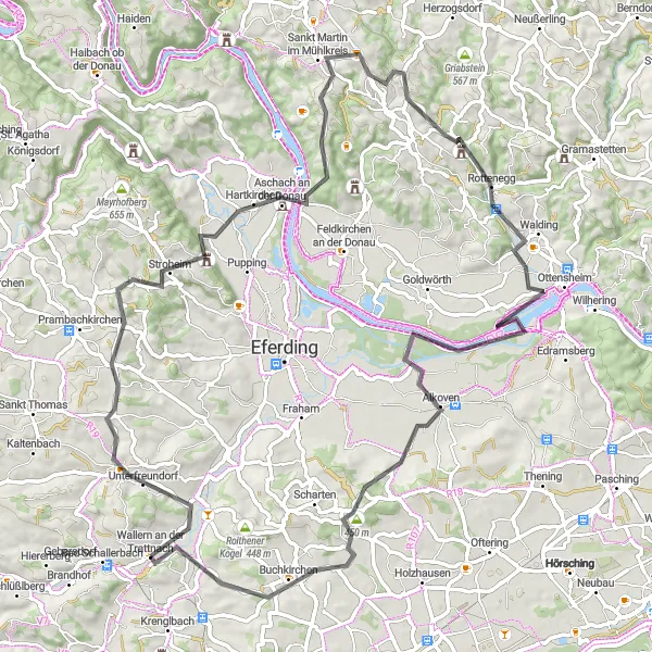 Map miniature of "Stroheim - Sankt Martin im Mühlkreis - Sankt Gotthard im Mühlkreis - Schloss Ottensheim - Buchkirchen" cycling inspiration in Oberösterreich, Austria. Generated by Tarmacs.app cycling route planner