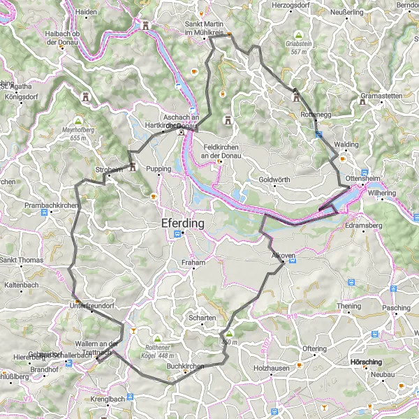 Miniatua del mapa de inspiración ciclista "Ruta de ciclismo de carretera Wallern an der Trattnach - Buchkirchen" en Oberösterreich, Austria. Generado por Tarmacs.app planificador de rutas ciclistas