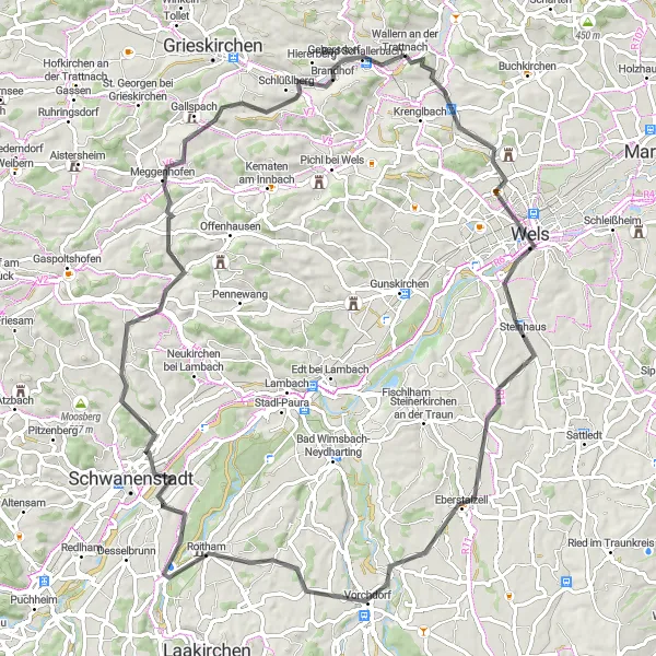 Miniatuurkaart van de fietsinspiratie "Wels en Meggenhofen Road Route" in Oberösterreich, Austria. Gemaakt door de Tarmacs.app fietsrouteplanner