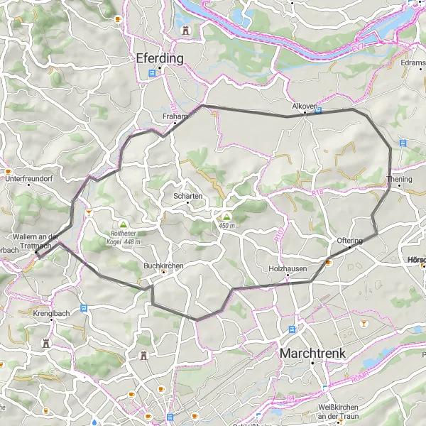 Map miniature of "Wallern an der Trattnach - Oftering - Buchkirchen" cycling inspiration in Oberösterreich, Austria. Generated by Tarmacs.app cycling route planner