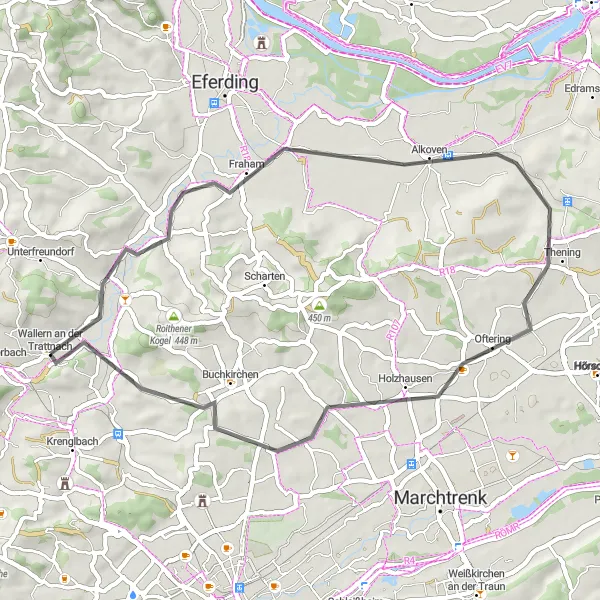 Miniaturekort af cykelinspirationen "Rundtur fra Wallern an der Trattnach til Buchkirchen" i Oberösterreich, Austria. Genereret af Tarmacs.app cykelruteplanlægger