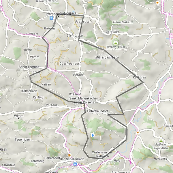 Miniatura della mappa di ispirazione al ciclismo "Rotta panoramica tra Wallern e Kirnberg" nella regione di Oberösterreich, Austria. Generata da Tarmacs.app, pianificatore di rotte ciclistiche