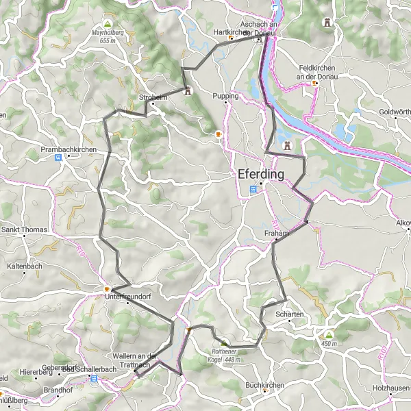 Miniatua del mapa de inspiración ciclista "Ruta de ciclismo de carretera Wallern an der Trattnach - Roithener Kogel" en Oberösterreich, Austria. Generado por Tarmacs.app planificador de rutas ciclistas