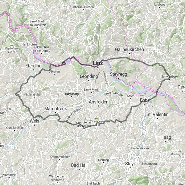 Miniaturní mapa "Trasa kolem Wallern an der Trattnach" inspirace pro cyklisty v oblasti Oberösterreich, Austria. Vytvořeno pomocí plánovače tras Tarmacs.app