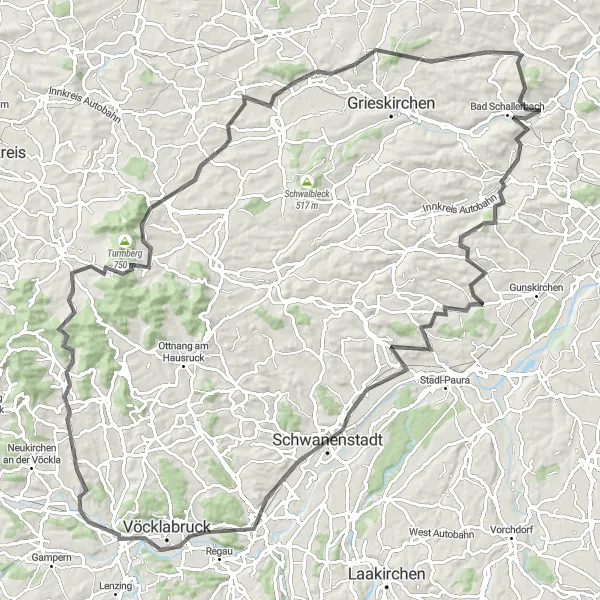 Miniatura della mappa di ispirazione al ciclismo "Giro ciclistico di 118 km da Wallern an der Trattnach" nella regione di Oberösterreich, Austria. Generata da Tarmacs.app, pianificatore di rotte ciclistiche