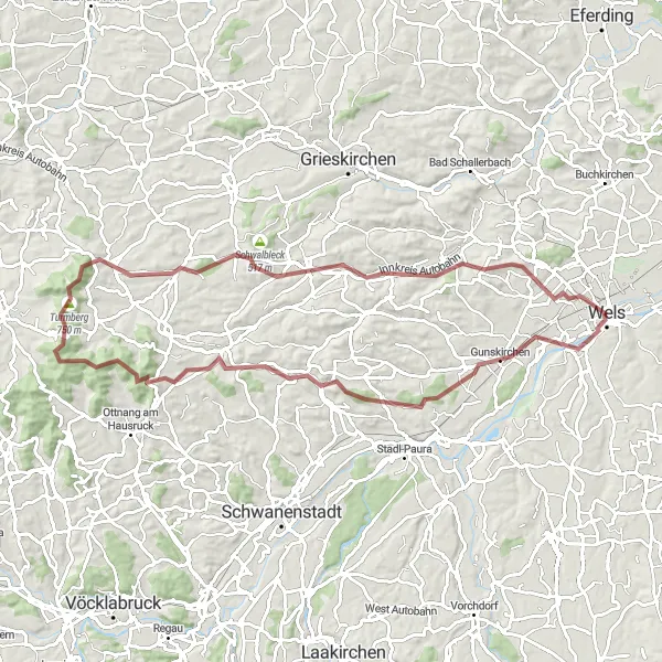 Map miniature of "Wels to Marienwarte and Back" cycling inspiration in Oberösterreich, Austria. Generated by Tarmacs.app cycling route planner