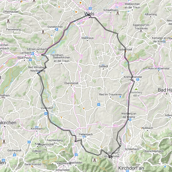 Map miniature of "Wels to Wels Round Trip" cycling inspiration in Oberösterreich, Austria. Generated by Tarmacs.app cycling route planner