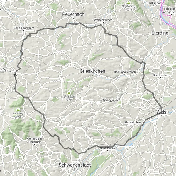 Map miniature of "108 km Road Cycling Route" cycling inspiration in Oberösterreich, Austria. Generated by Tarmacs.app cycling route planner