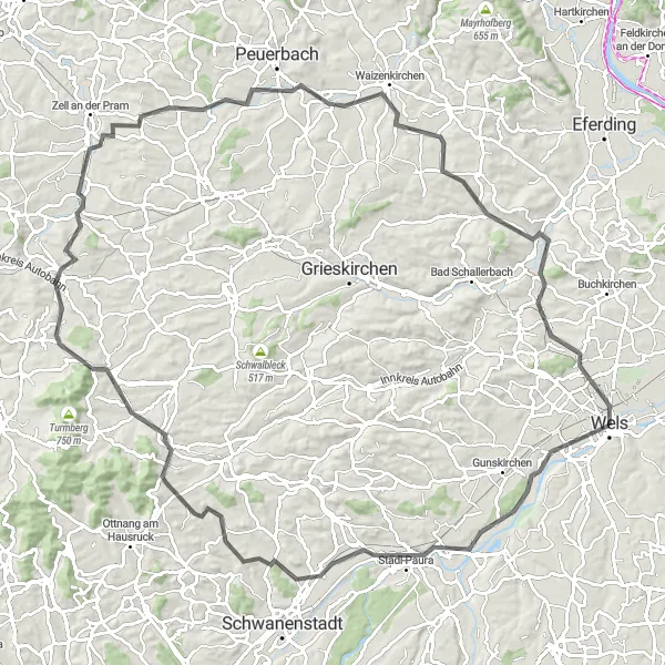 Miniaturekort af cykelinspirationen "Episk cykeltur fra Lambach til Wels" i Oberösterreich, Austria. Genereret af Tarmacs.app cykelruteplanlægger