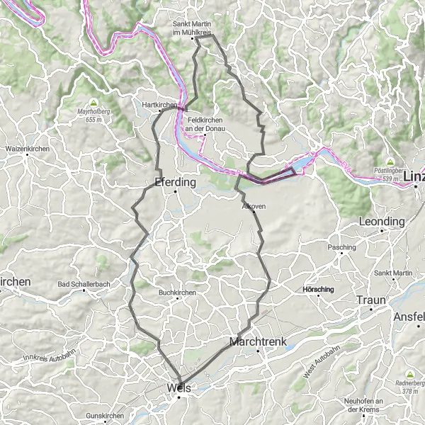 Kartminiatyr av "Wels - Marienwarte - Wels" sykkelinspirasjon i Oberösterreich, Austria. Generert av Tarmacs.app sykkelrutoplanlegger