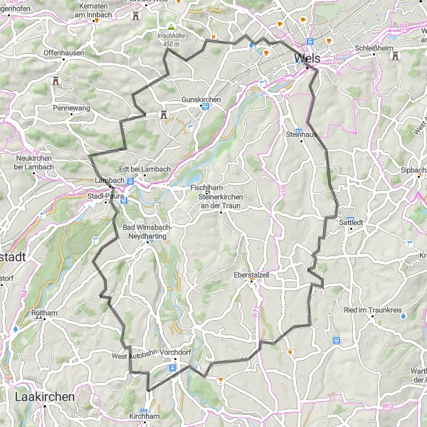 Miniatura della mappa di ispirazione al ciclismo "Esplorazione di 72 km in bicicletta intorno a Wels" nella regione di Oberösterreich, Austria. Generata da Tarmacs.app, pianificatore di rotte ciclistiche