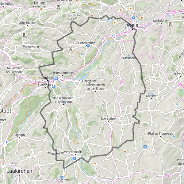 Miniatuurkaart van de fietsinspiratie "Rondrit Wels - Thalheim bei Wels - Vorchdorf - Lambach - Wels" in Oberösterreich, Austria. Gemaakt door de Tarmacs.app fietsrouteplanner