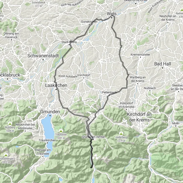 Map miniature of "The Hills and Valleys of Wels" cycling inspiration in Oberösterreich, Austria. Generated by Tarmacs.app cycling route planner