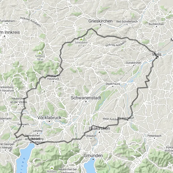 Kartminiatyr av "Landeveissykkeltur til Wels" sykkelinspirasjon i Oberösterreich, Austria. Generert av Tarmacs.app sykkelrutoplanlegger