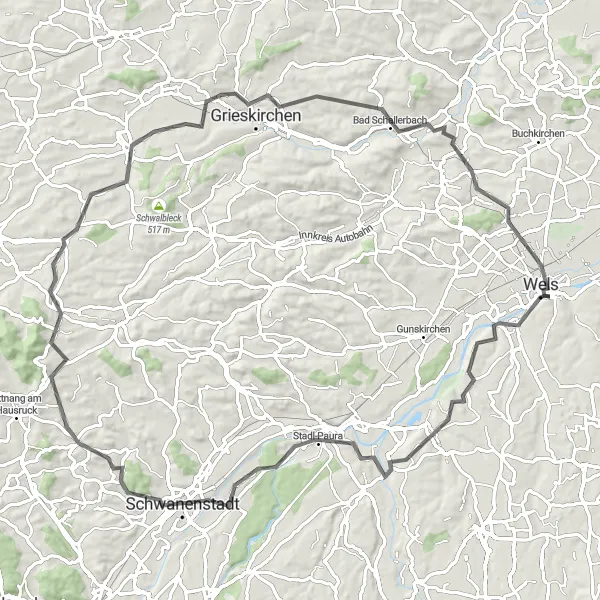 Miniatua del mapa de inspiración ciclista "Ruta de ciclismo desde Wels a Burg Wels" en Oberösterreich, Austria. Generado por Tarmacs.app planificador de rutas ciclistas