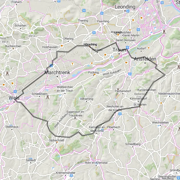 Zemljevid v pomanjšavi "Sproščujoča cestna kolesarska pot" kolesarske inspiracije v Oberösterreich, Austria. Generirano z načrtovalcem kolesarskih poti Tarmacs.app
