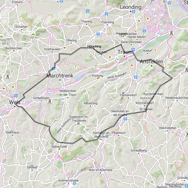 Miniatuurkaart van de fietsinspiratie "Wels - Hörsching - Ansfelden - Eichkogel - Kematen an der Krems - Sipbachzell - Marienwarte" in Oberösterreich, Austria. Gemaakt door de Tarmacs.app fietsrouteplanner