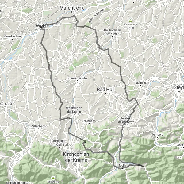 Kartminiatyr av "Utmaningar till Wels via Steinbach an der Steyr och Schlierbach Hofern" cykelinspiration i Oberösterreich, Austria. Genererad av Tarmacs.app cykelruttplanerare