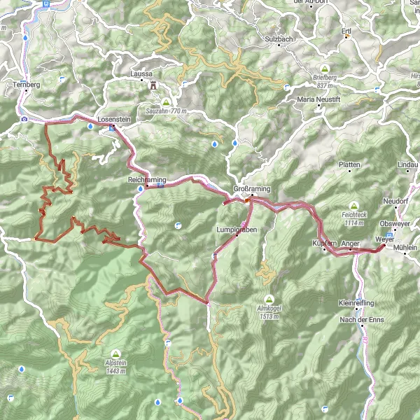 Miniatua del mapa de inspiración ciclista "Ruta de grava desde Weyer" en Oberösterreich, Austria. Generado por Tarmacs.app planificador de rutas ciclistas