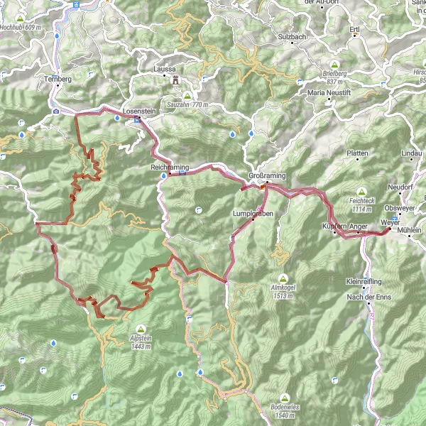 Miniatura della mappa di ispirazione al ciclismo "Giro in bicicletta dei Monti Weyer" nella regione di Oberösterreich, Austria. Generata da Tarmacs.app, pianificatore di rotte ciclistiche