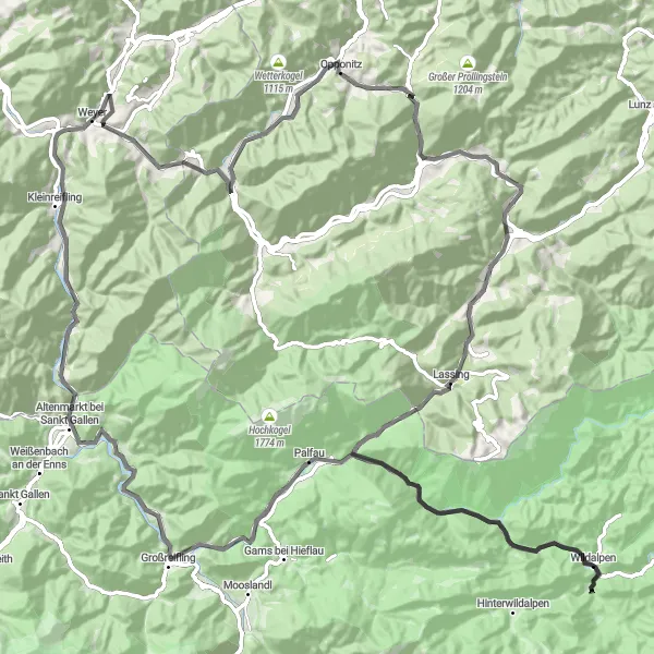Miniatua del mapa de inspiración ciclista "Ruta de Carretera de Weyer a Altenmarkt bei Sankt Gallen" en Oberösterreich, Austria. Generado por Tarmacs.app planificador de rutas ciclistas