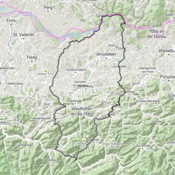 Miniatua del mapa de inspiración ciclista "Ruta por carretera desde Weyer" en Oberösterreich, Austria. Generado por Tarmacs.app planificador de rutas ciclistas