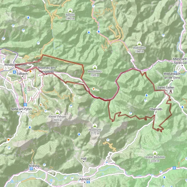 Miniaturekort af cykelinspirationen "Grusvejscykelrute omkring Windischgarsten" i Oberösterreich, Austria. Genereret af Tarmacs.app cykelruteplanlægger