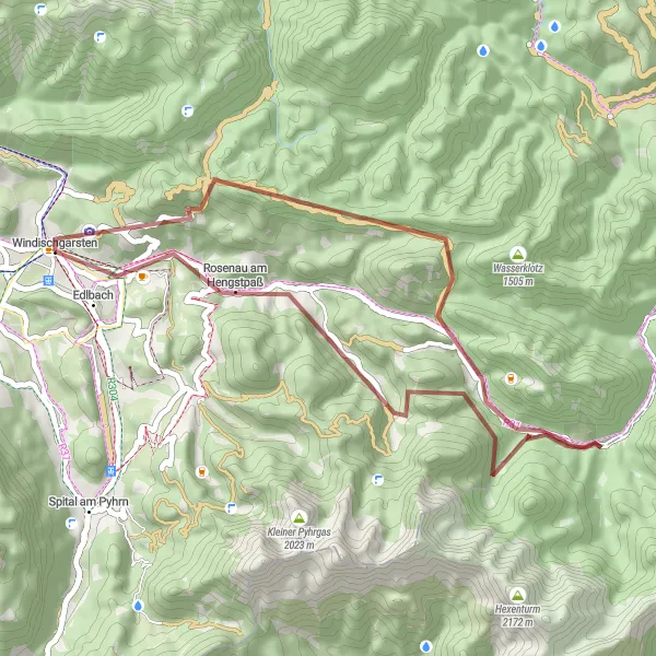 Miniaturekort af cykelinspirationen "Kort grusvejscykelrute omkring Windischgarsten" i Oberösterreich, Austria. Genereret af Tarmacs.app cykelruteplanlægger