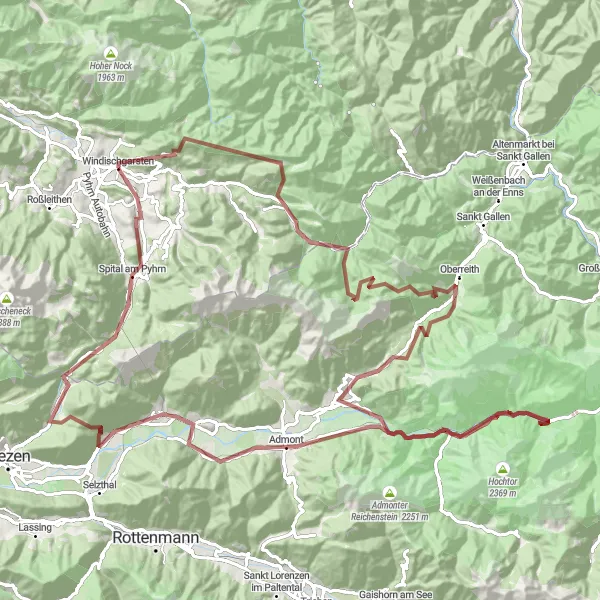 Miniatua del mapa de inspiración ciclista "Ruta de Grava Windischgarsten - Spital am Pyhrn" en Oberösterreich, Austria. Generado por Tarmacs.app planificador de rutas ciclistas