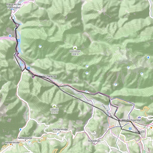 Zemljevid v pomanjšavi "Lažja cestna pot do razgledne točke v bližini Windischgarstna" kolesarske inspiracije v Oberösterreich, Austria. Generirano z načrtovalcem kolesarskih poti Tarmacs.app
