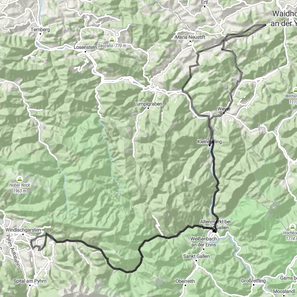 Zemljevid v pomanjšavi "Kolesarska pot Edlbach - Altenmarkt" kolesarske inspiracije v Oberösterreich, Austria. Generirano z načrtovalcem kolesarskih poti Tarmacs.app
