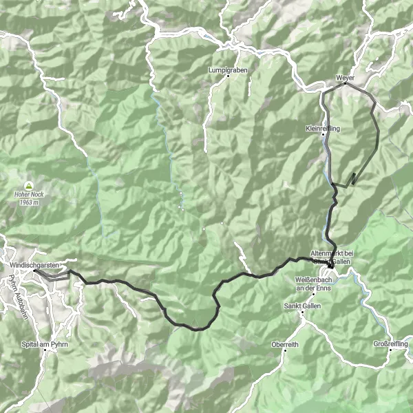 Map miniature of "Windischgarsten Road Climb" cycling inspiration in Oberösterreich, Austria. Generated by Tarmacs.app cycling route planner