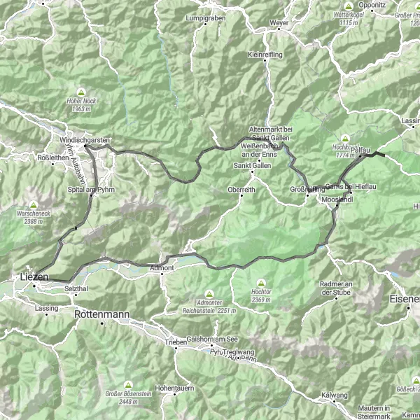 Miniature de la carte de l'inspiration cycliste "L'épopée des montagnes et des châteaux" dans la Oberösterreich, Austria. Générée par le planificateur d'itinéraire cycliste Tarmacs.app