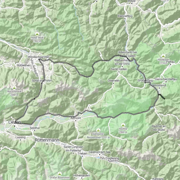 Miniature de la carte de l'inspiration cycliste "Randonnée à travers les Vallées Autrichiennes" dans la Oberösterreich, Austria. Générée par le planificateur d'itinéraire cycliste Tarmacs.app
