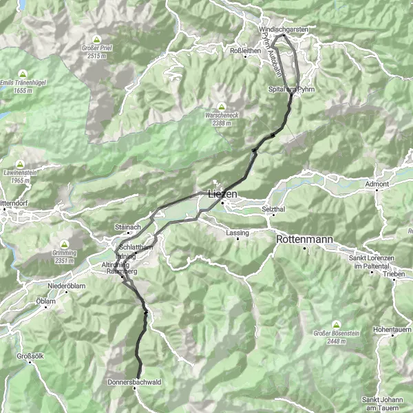 Kartminiatyr av "Alpin Veisykling i Pyhrn-Priel" sykkelinspirasjon i Oberösterreich, Austria. Generert av Tarmacs.app sykkelrutoplanlegger