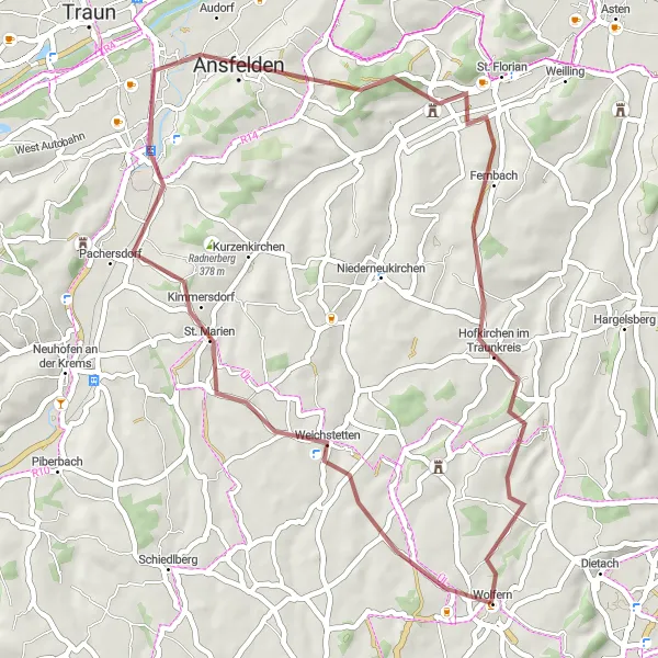 Map miniature of "Gravel Cycling Route to Panoramablick St. Florian" cycling inspiration in Oberösterreich, Austria. Generated by Tarmacs.app cycling route planner