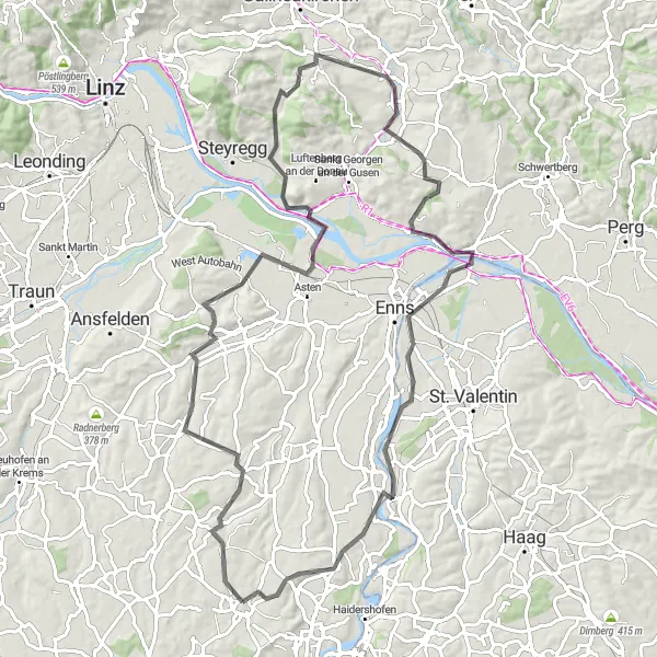 Miniatua del mapa de inspiración ciclista "Recorrido en bicicleta de carretera desde Wolfern a través de Pulgarn y Mauthausen" en Oberösterreich, Austria. Generado por Tarmacs.app planificador de rutas ciclistas