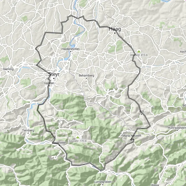 Map miniature of "Road Cycling Route to Steyr" cycling inspiration in Oberösterreich, Austria. Generated by Tarmacs.app cycling route planner