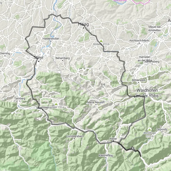 Miniatura della mappa di ispirazione al ciclismo "Giro in bicicletta sulle colline di Oberösterreich" nella regione di Oberösterreich, Austria. Generata da Tarmacs.app, pianificatore di rotte ciclistiche