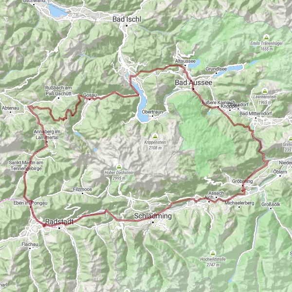 Mapa miniatúra "Gravel Riešenie okolo Altenmarkt im Pongau" cyklistická inšpirácia v Salzburg, Austria. Vygenerované cyklistickým plánovačom trás Tarmacs.app