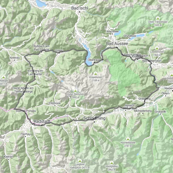 Miniaturní mapa "Cyklistická silniční trasa z Altenmarkt im Pongau" inspirace pro cyklisty v oblasti Salzburg, Austria. Vytvořeno pomocí plánovače tras Tarmacs.app