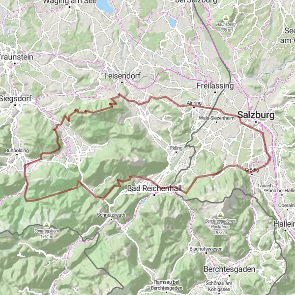 Miniaturekort af cykelinspirationen "Großgmainberg og Hellbrunner Berg Gravel Eventyr" i Salzburg, Austria. Genereret af Tarmacs.app cykelruteplanlægger